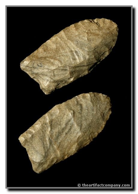 2 1/16" Clovis: Striking tan and brown banded chert. Land Co., Alabama. Ex - Jerry Dickey. Rogers COA.