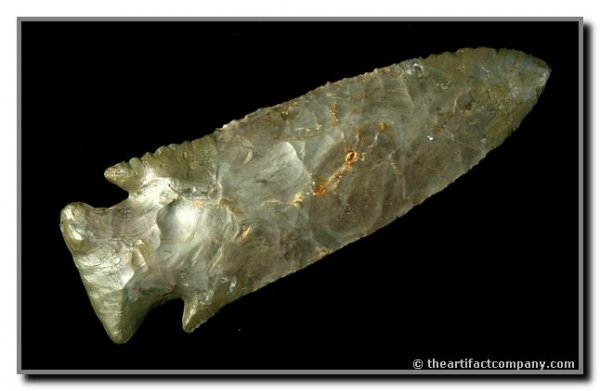 4 7/16" Hardin Barbed: Nelson Co., Kentucky. Well-Patinated Sonora Flint. Ex - Sears Collection. Restoration to tip, base, & ears.
