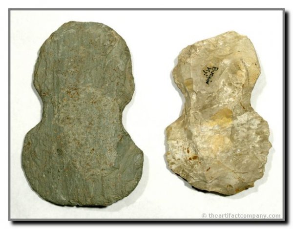 2 Notched Hoes/Axes: Pair of Notched Hoes or Axes from Central Kentucky. One in green slate 6 1/2", one in Fort Payne Chert 5 3/4". Ex - Webb Collection.