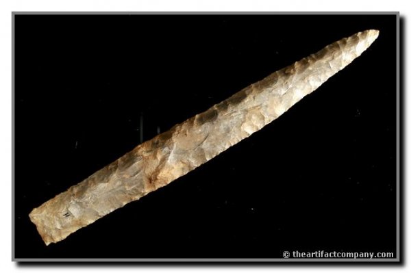 7 1/8" Woodland Knife: Very long slender example from Montour Co., Pennsylvania. Ex - Ron Helman, Richard Coulter, and Fred B. Hill Collections. Gray Mottled Chert. Perino and Putty COA's.