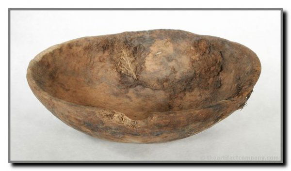 6 7/8" x 2" Eskimo/Aleut Food Bowl: Extra rare. Very early excavated bowl with Baleen repair to one side. Carved from driftwood.