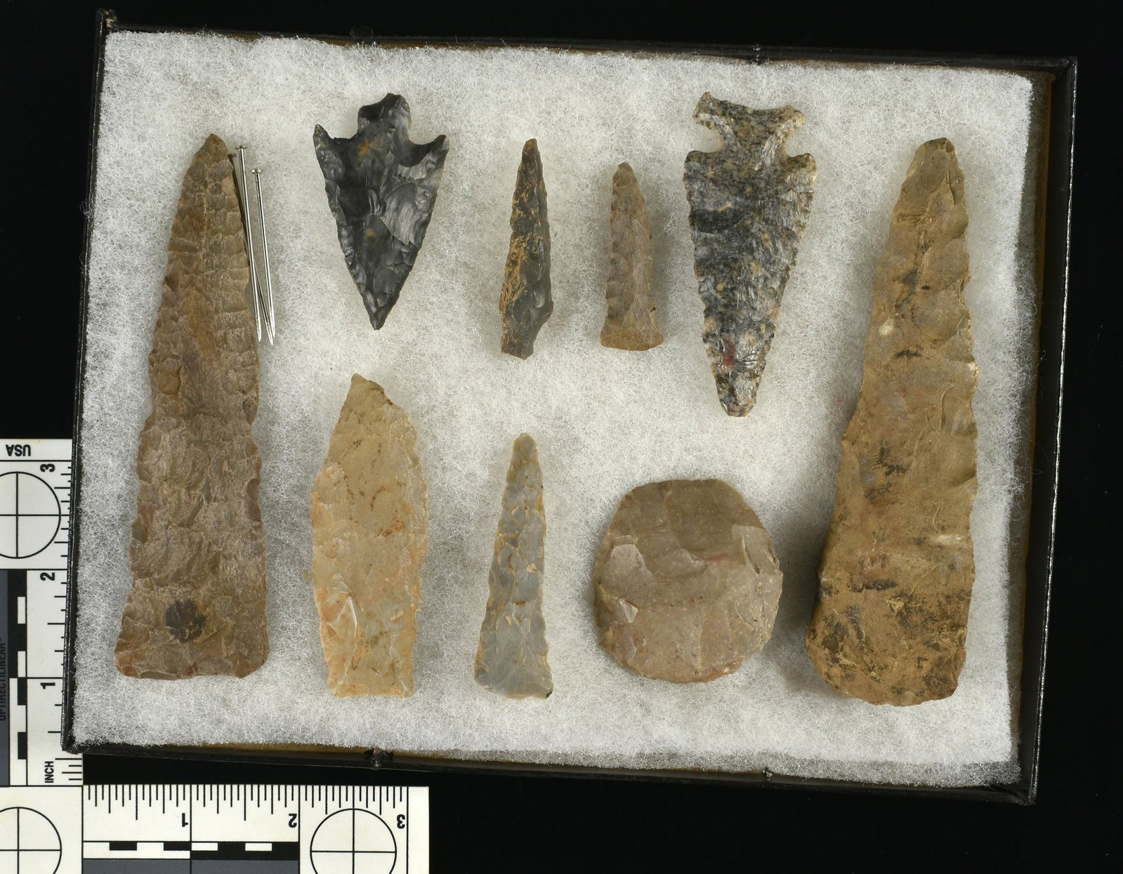 7x9 Display of Kentucky Artifacts: Nice assortment of blades, drills, and knives in this grouping from the Lands Collection. Pretty fossil chert piece catches your eye.