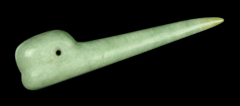 World Class 4 1/4" Olmec Jade Hummingbird Perforator: Offered is a beautiful 4 1/4" Olmec Jade Perforator. Made of high quality light green Jadeite and polished over its entirety. Collected in the 1960's. Ex- Finello Collection. Jade perforators wer