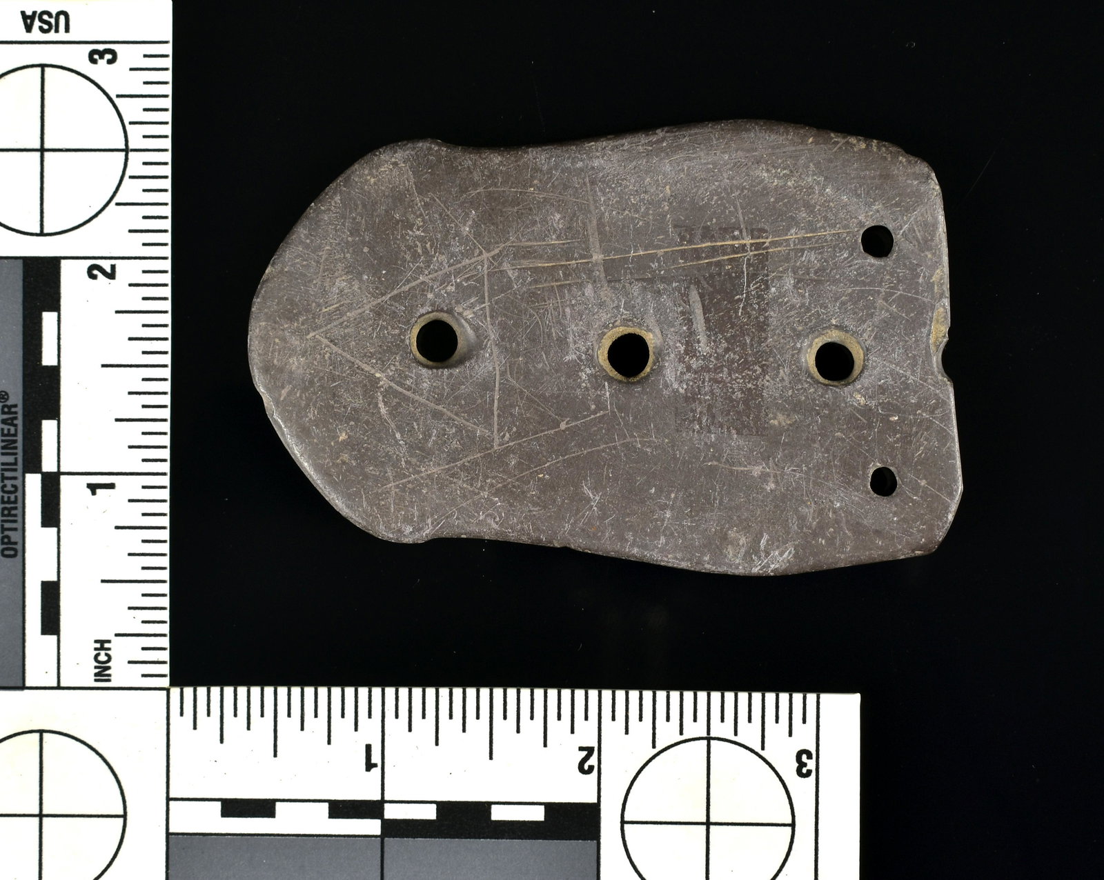 3-1/4" Engraved & Salvaged Gorget - See Description: Nice example in a purplish slate/argillite/ Lots of different engravings on this piece. Formerly of the Ernest L. Hoxter Collection, and the Maryland Academy of Sciences. Includes Letter of Authentici