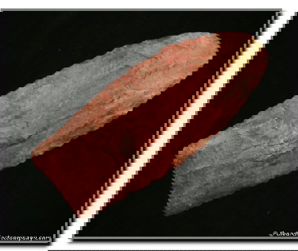 2 5/8" Unfluted Clovis: Very pretty red and yellow jasper example from Colorado. Ex - Virgil Russell Collection. Jackson COA.