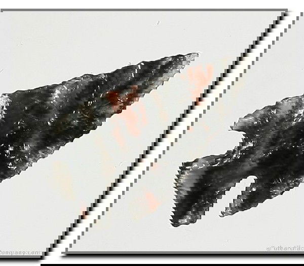 1" Rose Springs Corner Notched: Incredibly banded Tri-Flow Obsidian. Klamath Co., Oregon. Ex - Bodle Collection. Killer.