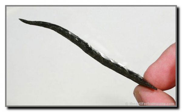 3 9/16" Northern Side Notch Blade: This rare example has a curve to the blade as a result of being exposed to high-heat. Central California Valley. Obsidian.