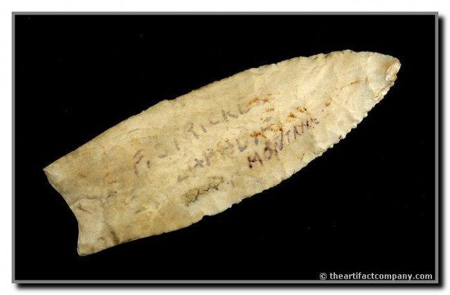 031: 3 9/16" Plainview: Pretty cream chert with light brown streaks. Found in Carter Co., Montana by F. Stricke. Ex- Jim Crawford and Terry Allen Collections. Rogers COA.