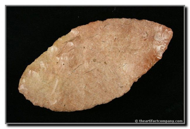 4 5/16" Round Back Knife: Beautiful maroon and cream Kay County Chert. Nicely river polished. Found near Ponca City in Kay Co., Oklahoma. Ex- Wooley Collection.