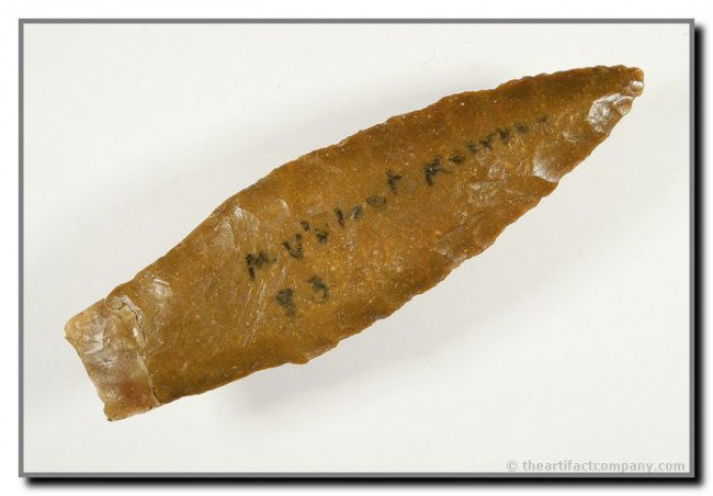 3 15/16" Hell Gap: Huge example in river polished flint from Lincoln Co., Nebraska. Found by George Green. Restoration to base.