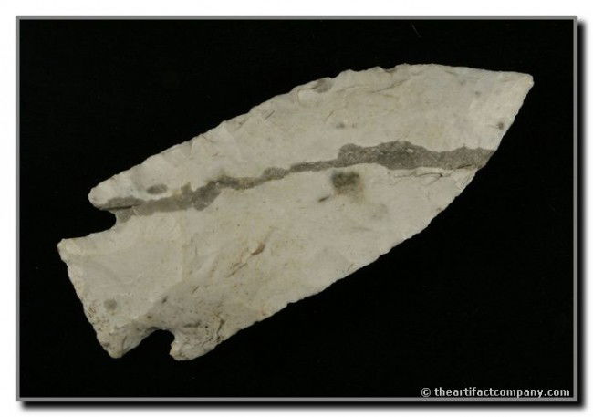 4" Etley: Truly beautiful Etley. Features a 'lightening strike' streak running almost the entire length of the point. Stands out in a frame. Howard Co., Missouri. Ex- Tim Teel amd Terry Allen Collections. Motle