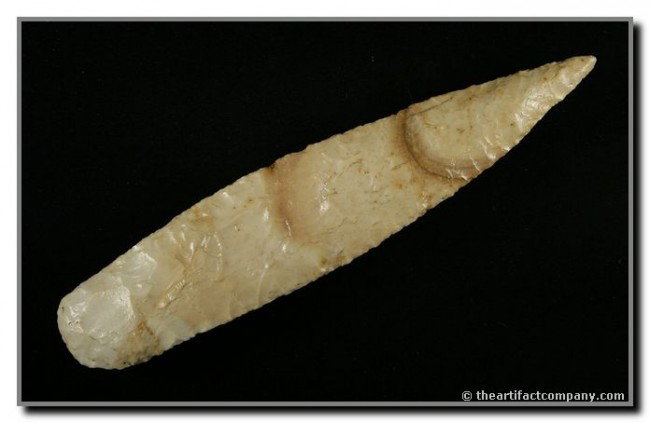 5 15/16" Adena Blade: Burlington (Motley). Crescent Quarry (Meadows). Beautiful in either case. Lincoln Co., Missouri. Ex- Don McKinnis, Randy Hudson, Jim Crawford, and Terry Allen Collections. Motley and Meadows COA's.