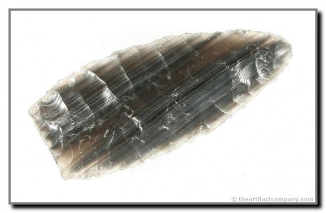 3 1/2" Clovis Preform: Beautifully flaked preform in translucent banded obsidian. Bodle Family Ranch, Klamath Co., Oregon.