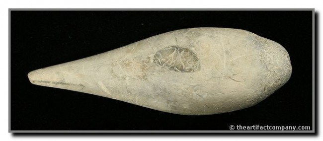 4 3/4" Charmstone: Heavily mineralized gray hardstone example. Found by Connie Hudson in the Tulare Lake Basin, California.
