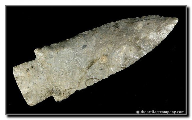 003: 3 1/2" Hardin: Great material. Speckled glossy fossil chert. Great form with lots of minute serrations. Great condition. Ex- Allen Collection. Missouri.