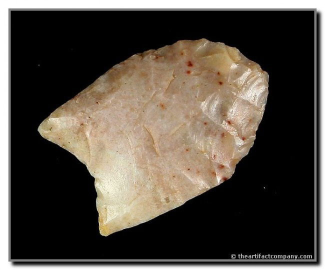 1 3/8" Clovis: Nice example in a pretty pinkish high quality material. Ex - Brady Collection. Found along the Pecos River Drainage in Chaves and De Baca Co., New Mexico. Fluting on both sides.