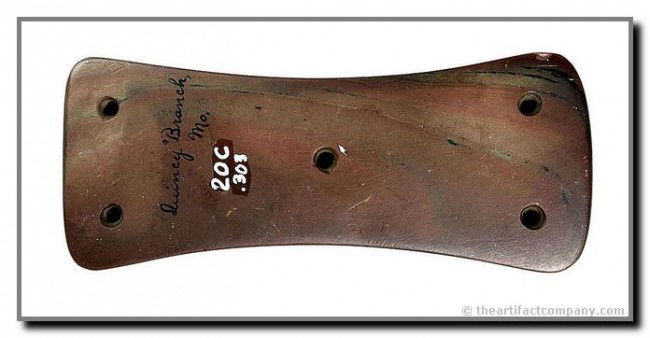 5 3/8" 5-Hole Gorget: Extremely rare form. Tremendous condition. Red banded slate. Quincy Branch, Missouri. Ex- Jack Roberts and James Osman Collections. Partain and Jackson COA's.