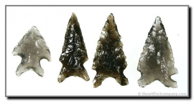 Mini-Collection of 4 Truly Superb Obsidian Bifurcat: All highly translucent. All in excellent condition. Longest 1 3/8". Found on the Bodle Family Ranch in Klamath Co., Oregon.