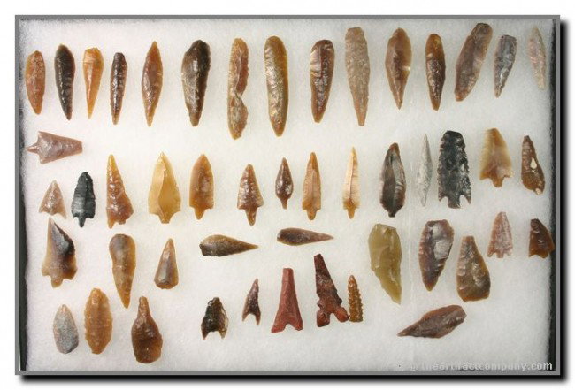 49 Neolithic Arrow Darts and Flake Knives: All from one collection. Gorgeous true flints with lots made of a root beet colored translucent material. Some of the flake knives have flaking that looks what what we call 'Paleo ribbon flaking' in t