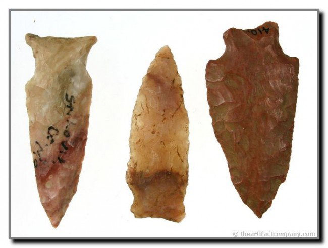 3 Points with Fantastic Color: Longest is a 2 3/8" Lowe point from St. Louis Co., Missouri. Second longest is a beautiful Benton made of Red and Yellow Jasper from Tennessee. And the smallest one is a completely translucent Quartz 