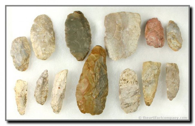 'Baker's Dozen' (13) Knife, Celt and Tool assemblag: Includes a great big 3 3/4" Carter Cave Flint Celt and a great big right at 3 inch what appears to be a Lost Lake preform (very thin and nice) made of Boyle. And a couple of mystery forms… maybe sle
