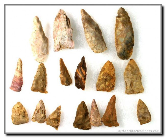 Great 17 Piece Frame of Kentucky Flint Points: Mostly triangular knives plus Copenas, Adenas, etc. Biggest 2 1/2". Some with really nice color and form and translucency. Mostly Boyle Chert. All Bath Co., Kentucky.
