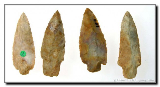 4 Excellent Adenas from Kentucky: Longest 2 7/8". All excellent. All yellow, white, and red mottled Boyle Chert.