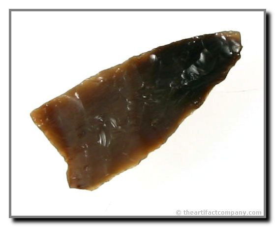 1 1/8" Archaic Triangle: Nice little dart with basal grinding found by George Green along the Middle Loup River in Lincoln Co., Nebraska. Colorful agatized wood.