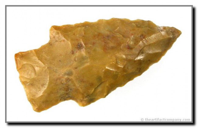 1 13/16" Texas Stemmed Dart: Very 'Scottsbluff-like'. Pretty caramel colored flint with nice flaking. Found near lake Limestone. Ex- Bruce Downing Collection.