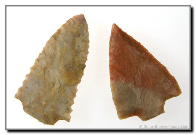 Pair of Snapped Base Beauties from Kentucky: 2 1/2" Heavily serrated Kirk from Harrison Co. near Cynthiana and a beautiful two tone Carter Cave Buck Creek from Bath Co. near Sharpsburg. Both precision made and very, very, thin.