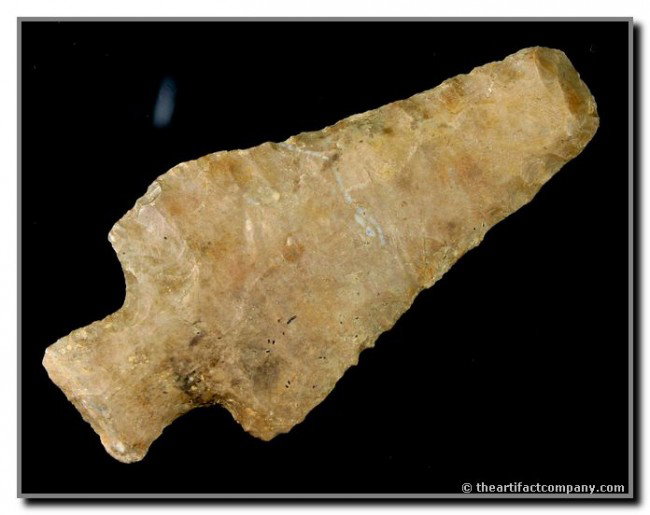 Large 3 5/8" Cotaco-Wright: Indian done blade (or scraper) tip. Extra large and very thin. Milk chocolate Dover Chert. Found in Tennessee.