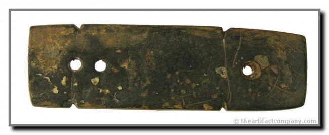 4 1/2" Three Hole Rectangular Gorget with Dickey C: Really unusual form with three holes and double notches and cross-hatch incising. Dickey ID's as Early Woodland 'Ornament' dating between 800 B.C. and 100 A.D. Black Slate loaded with mineral accumula