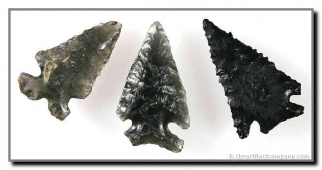 3 Notched Obsidian Points: Largest 1 3/4". Two highly translucent. All Oregon.
