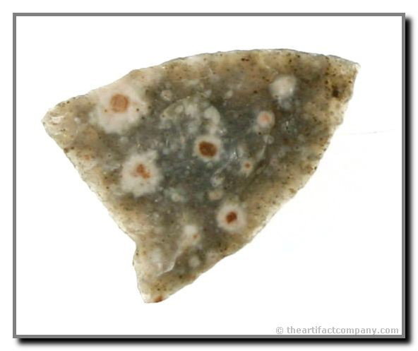 1 1/16" Cottonwood Triangle: Beautiful clear-gray agate with white & red spots throughout. Very striking translucency as well. Lincoln Co., Nebraska. Ex - George Green Collection.