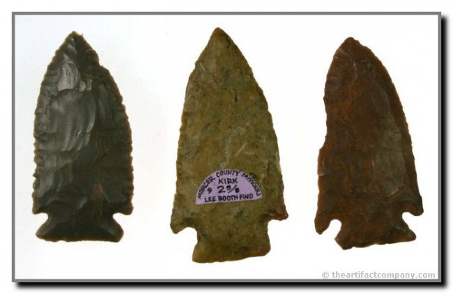 3 Superb Kirks: 2 5/8" mottled light brown example from Mercer Co., Missouri found by Lee Booth and Ex- Jerry Godbey. Super thin meticulously flaked gray Hornstone example from Kentucky. And a 2 3/8" example made of 