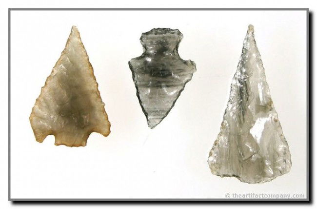 3 Phenomenal Obsidian Darts: All completely translucent. Longest is 1 1/2" Triangle. Rare wafer thin Parowan and another dart. All found in Inyo Co., California. Ex- David McNeill Collection.