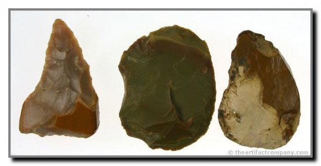 2 Paleo Knives and One Turtle Back Scraper from Ke: Two knives are Carter Cave flint and well executed. Turtle back scraper is Classic St. Louis Green with all the colors and banding. Great display set to add to a paleo/tool frame. Bath Co., Kentucky. 