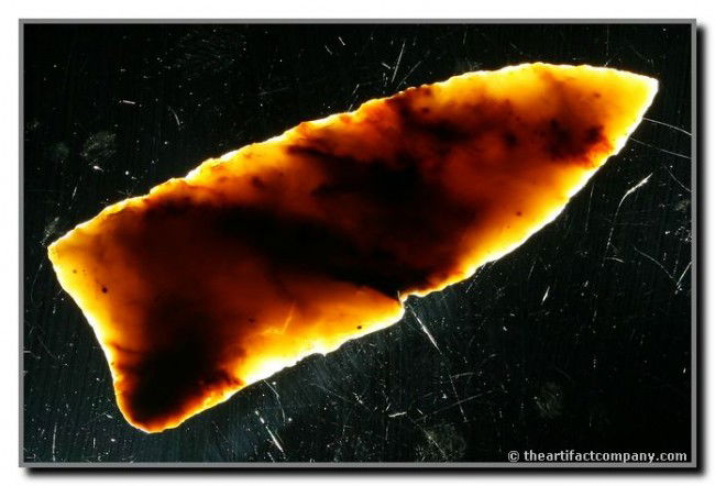 058: 2 11/16" Paleo Lance - Jackson COA: Very pretty and highly translucent multicolored Holland Chert. Found by Tony 'Jughead' Ratliff near Moore's Ridge Church in Orange Co., Indiana. Ex- John Duncan Collection. Jackson COA.