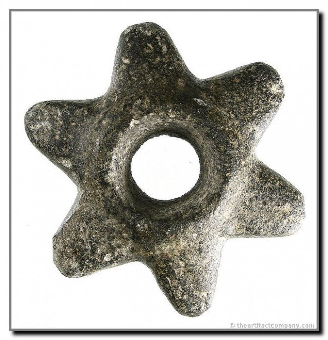 098: 3 3/8"x1 1/4" Chavin Mace Head: Six-Pointed Configuration on this example from Peru. Ex - Urban Collection. Grandfathered Circa 1200 – 200 BC.
