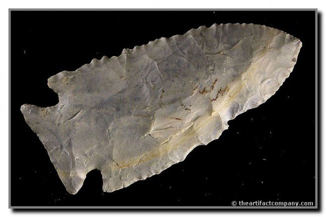 3 3/8" Stilwell - Baker COA: Pretty banded chert. Great serrations. Found in Mason Co., Kentucky. Ex- Terry Allen Collection. Baker COA.