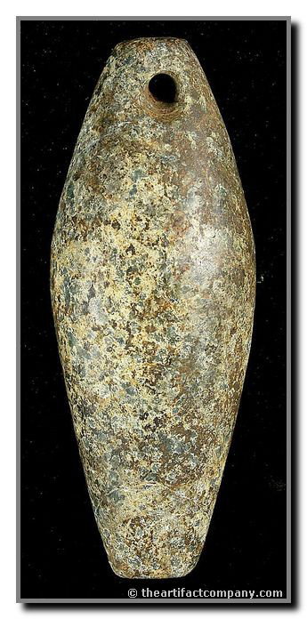 4 3/8" California Plummet/Charmstone: Killer example in calcified hardstone. Great mineralization. Found by Connie Hudson in the Tulare Lake Basin, California.