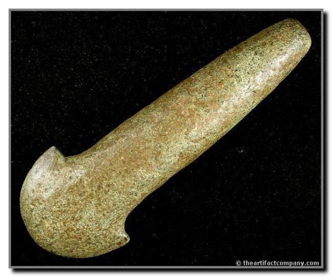 6 1/2" Spud - Perino COA: Tremendous example. Made of a very pretty and nicely polished green and cream diorite. Literally perfect condition. Found in Missouri. From the famous Ben Thompson Collection. Dated Mississippian Peri