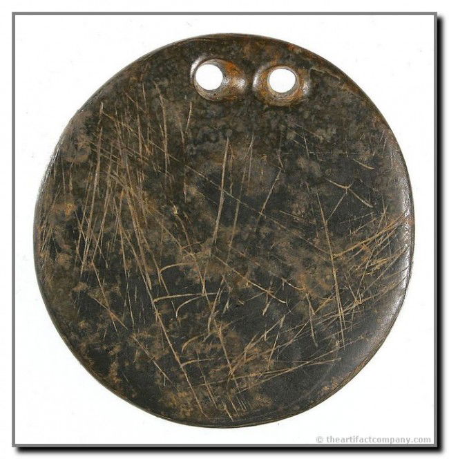 2 5/8" Gorget - Partain & Jackson COA's: Reported found on the Madisonville Site in Hamilton Co., Ohio. Made of a well patinated but very stable Cannel Coal. Ex- Mark Ferguson and John Jackson Collections. Partain and Jackson COA's.
