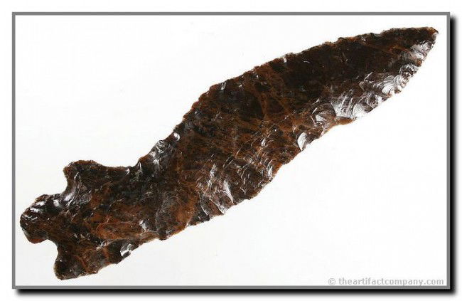 6 3/4" Bifurcated Archaic Knife: Unique example in Mahogany Obsidian from the Great Basin. Features a true 'spokeshave'.