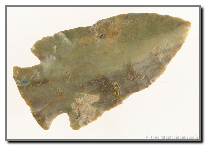 2 3/8" Hardin: Very pretty greenish multicolor Hornstone or Sonora flint example found by John Miller in Clay Co., Indiana.