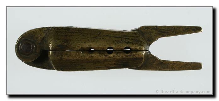 4 5/16" Brass Revolutionary War Bullet Mold: 'Gang' type mold with 7 cavities for 2 different sizes of shot. Ball (.69 Caliber) and smaller buck-pellets (.32 caliber?). Revolutionary War period - 1750-1800.