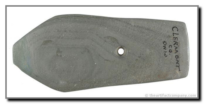 4 13/16" Pendant: Clermont Co., Ohio. Banded Green Slate. Nice example. Has some restoration to the lower edge.