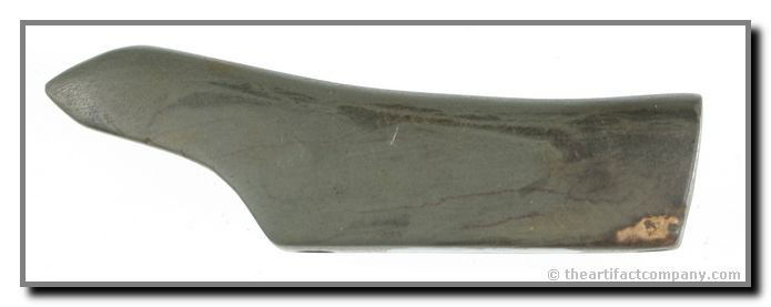 4" Birdstone: Pretty green banded slate. Fully drilled front and back. Some defoliation in three small areas but no modern damage. Overall excellent condition. Labeled Allen Co., Ohio.