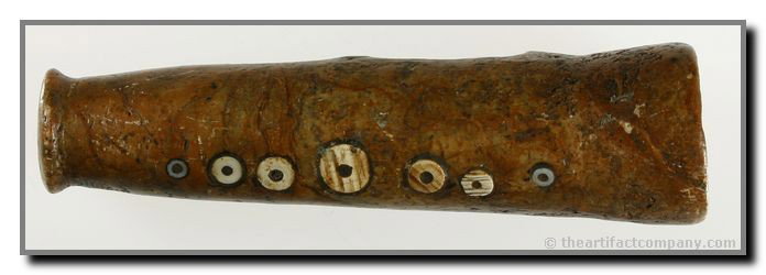 5 5/16" Inlaid Tube Pipe - Davis COA: California example with inlaid shell. Unique orange-colored soapstone or chlorite. Ex - Anderson Collection. Davis COA.