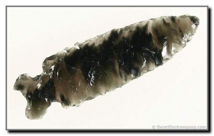 2 3/16" Northern Side Notch: Pretty flaking in a translucent obsidian with dark clouds. Nevada. Ex - Jack Litchfield Collection.